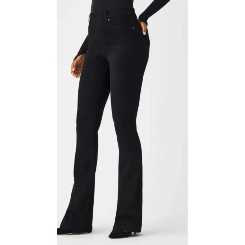 Spanx High Rise Flare Leg Jeans Women M Black Stretch Shaping Office Chic Denim